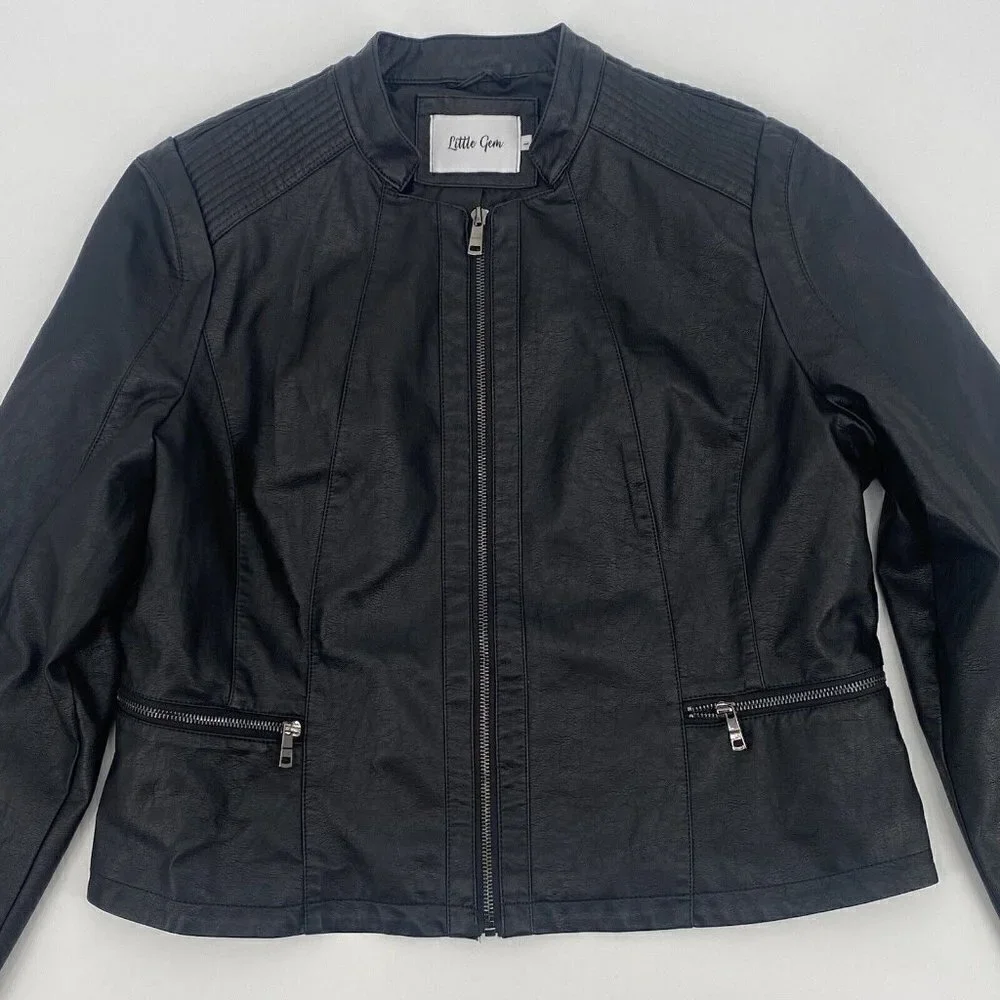 Black Vegan Faux Leather Zip Up Moto Jacket Grunge Little Gem Women's Size Large